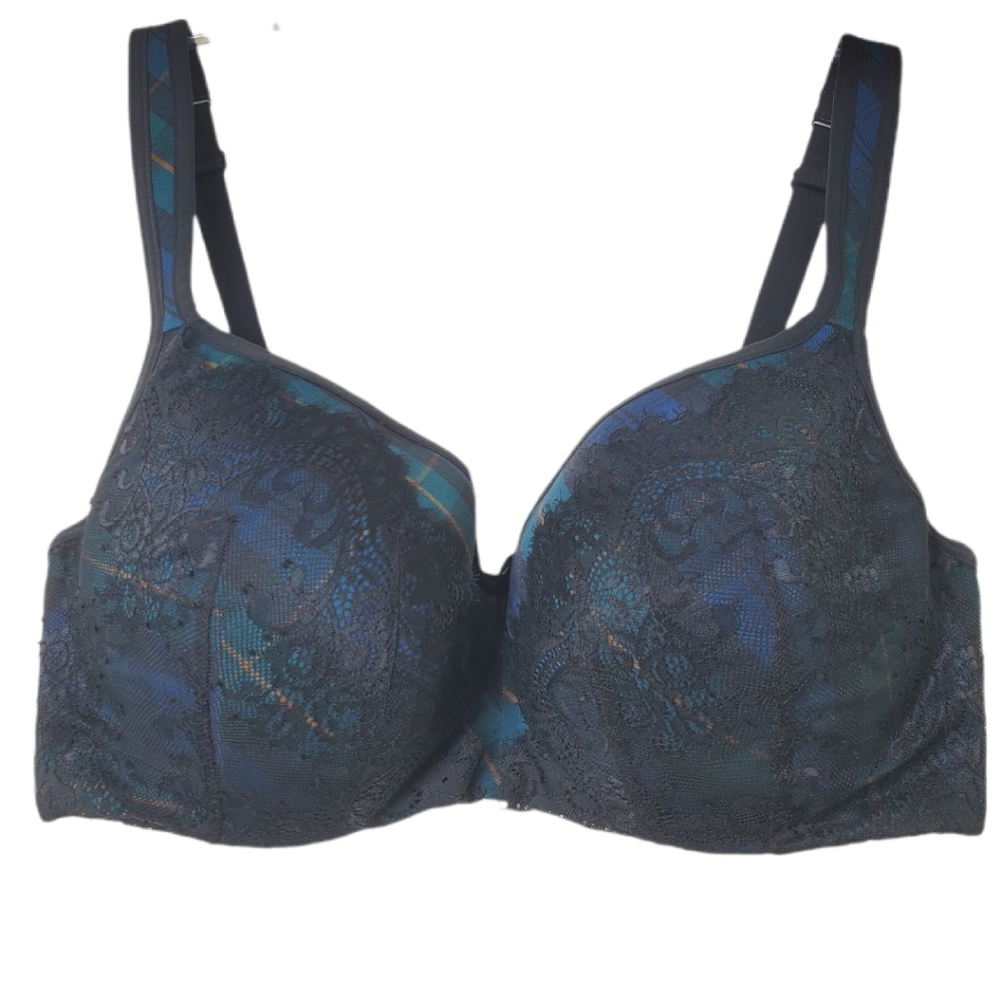 Cacique Lane Bryant Smooth‎ Balconette Underwire Bra Blue Plaid Black Lace 42DD
